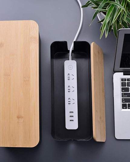 2 Pack Large Cable Management Box – Wooden Style Cord Organizer Box and Cover for TV Wires, Computer, Router, USB Hub and Under Desk Power Strip – Safe ABS Material and Baby-Pets Proof Lock (Black)