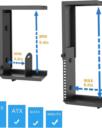 Universal Wall or Under Desk CPU Mount, PC/NAS Bracket – 4.5 to 9.2 inch Wide Computer Holder, Space-Saving Design with Safety Lock,Max Load 32Lbs