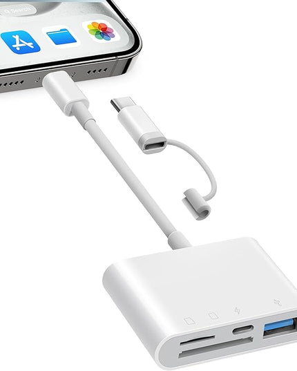 SD Card Reader for iPhone iPad, 4 in 1 Micro SD/SD Card Reader to iPhone Adapter, SD Card Viewer with TF/SD Dual Slot, Portable Camera Memory Card Reader for iPhone with Charging Port, Plug and Play