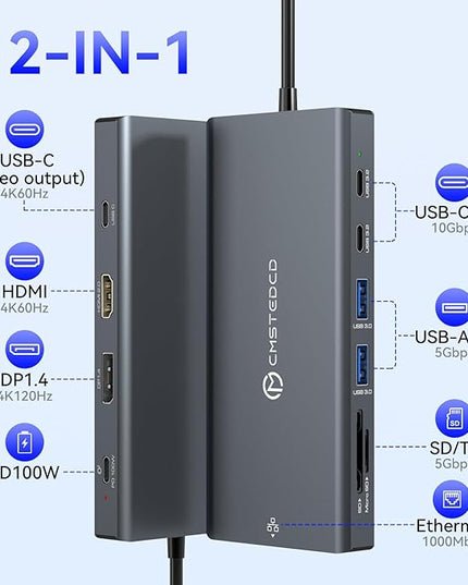 Laptop Docking Station 3 Monitors, 4K@120Hz DisplayPort 4K@60Hz HDMI 4K@60Hz USBC,12 in 1 USB C Video Output for Multiple Monitor Dock USB A 3.0, USB C 3.2 10Gbps Ports 100W PD, SD/TF