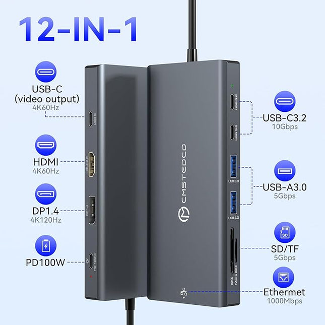 Laptop Docking Station 3 Monitors, 4K@120Hz DisplayPort 4K@60Hz HDMI 4K@60Hz USBC,12 in 1 USB C Video Output for Multiple Monitor Dock USB A 3.0, USB C 3.2 10Gbps Ports 100W PD, SD/TF