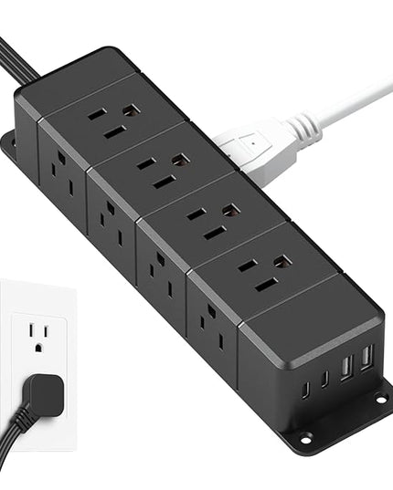 40W Fast Charging Under Desk Power Strip,12 Outlet Mountable Power Strip with 4 USB,1200J Surge Protection,10FT Flat Extension Cord Black