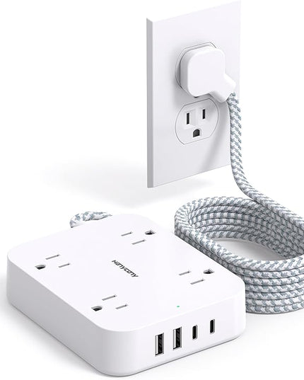 10 Ft Extension Cord, HANYCONY Ultra Thin Flat Power Strip with 4 Outlets 4 USB Ports (2 USB C), Wall Mount, Multi Plug Outlet Extender Desk Charging Station for Office Travel Dorm Room Essentials