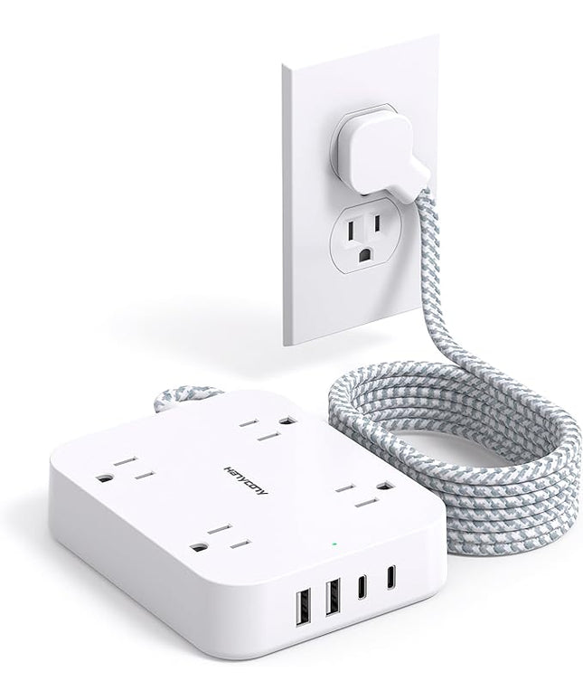 10 Ft Extension Cord, HANYCONY Ultra Thin Flat Power Strip with 4 Outlets 4 USB Ports (2 USB C), Wall Mount, Multi Plug Outlet Extender Desk Charging Station for Office Travel Dorm Room Essentials