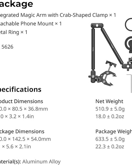 SMALLRIG Desktop Clamp Magic Arm Kit for MagSafe for iPhone, 67cm Two-Stage Adjustable Flexible Arm with Secure Grip for Smartphone, Webcam, Action Cameras - 5626