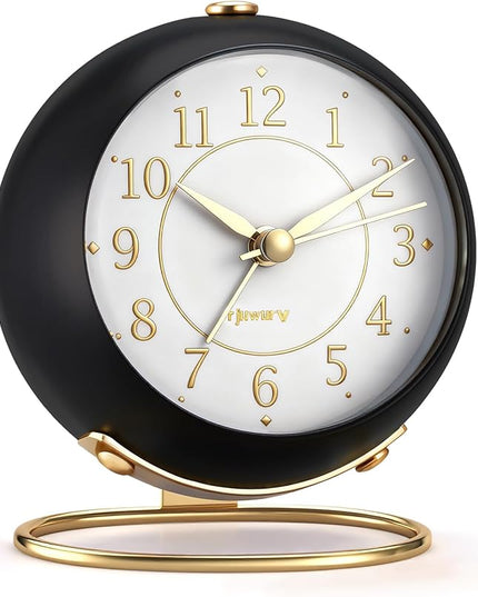 rjuwurv Metal Desk Alarm Clock, Retro Bedroom Table Vintage Analog Silent Non-Ticking Gold Alarm Clock, Bedside Decor(Black)
