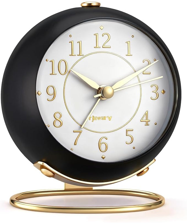 rjuwurv Metal Desk Alarm Clock, Retro Bedroom Table Vintage Analog Silent Non-Ticking Gold Alarm Clock, Bedside Decor(Black)