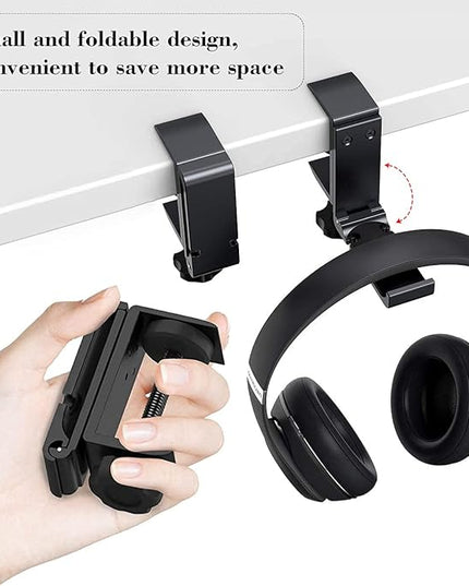 NCHONHONG Headphone Holder Under Desk Hook with Cable Organizer, Foldable Aluminum Headset Mount, Space-Saving Hanger for Most Headphones