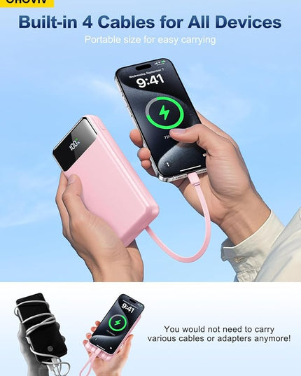 Portable Charger Power Bank 50000mAh Battery Pack, 22.5W Fast Charging PowerBank with Built in Cables,Travel Essential USB-C Portable Phone Charger for iPhone Samsung Pixel Android iPad-Pink