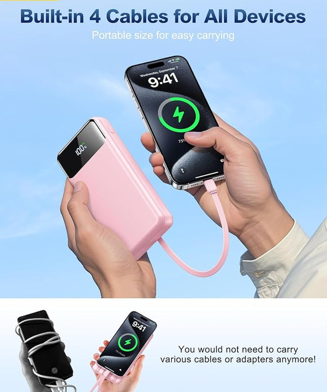 Portable Charger Power Bank 50000mAh Battery Pack, 22.5W Fast Charging PowerBank with Built in Cables,Travel Essential USB-C Portable Phone Charger for iPhone Samsung Pixel Android iPad-Pink