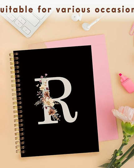 Lacama Black Initial Letter R School Notebook Journal, Cute Wildflower Personalized Spiral Notebook, School Supplies, Customized Monogrammed Gifts, Birthday Gifts for Women, Office Supplies