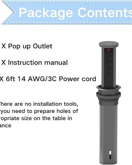 Pop up Outlet for countertop 4.72in Desk Grommet Power Station PD20W USB C 4 Outlets 3 USB Ports 1 Wireless charger 15A Outlets Fast charging Space Saver Outlet for Kitchen Office 6ft Cord