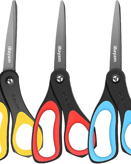 Scissors, iBayam 3 Pack 8" All Purpose Nonstick Scissors, 2.5MM Thickness Titanium Blades with Comfort Grip, Heavy Duty Shears for Office School Home Classroom General Use Art and Craft DIY Supplies