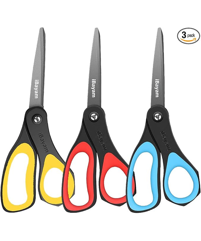 Scissors, iBayam 3 Pack 8" All Purpose Nonstick Scissors, 2.5MM Thickness Titanium Blades with Comfort Grip, Heavy Duty Shears for Office School Home Classroom General Use Art and Craft DIY Supplies