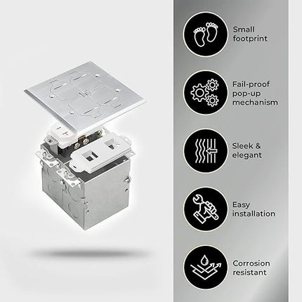 SLFB-2G-TR20-LV-NI 20A Receptacle Outlets,Tamper Resistant Electrical Floor Box with Flip Lid and Nickel Plated Brass Cover,Retractable Recessed Socket for Kitchen,Countertops & Floors