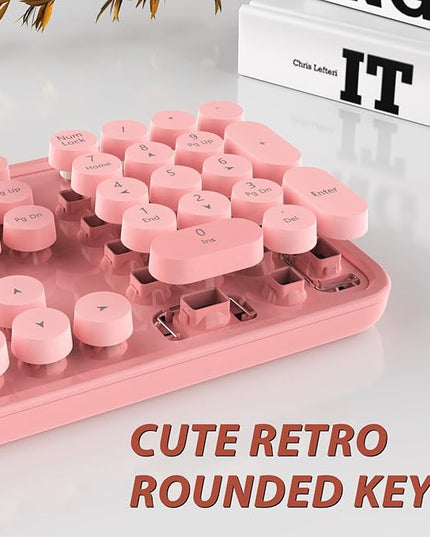 Kootop Wireless Keyboard, Cute Colorful 104 Keys Typewriter Retro Round Keycaps Keyboard for PC Laptop,Desktop,Windows, Home and Office Keyboards (Pink)