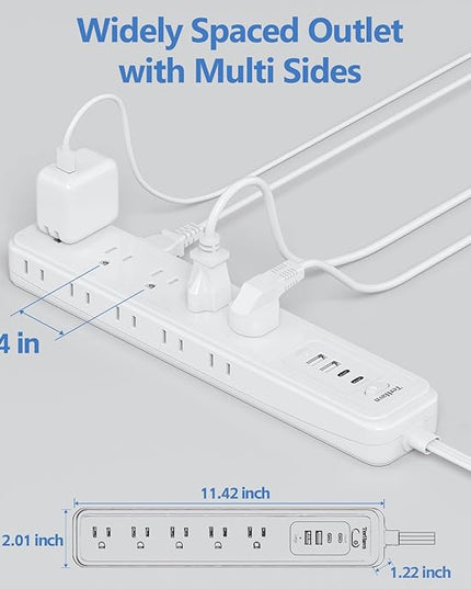 10Ft Power Strip Surge Protector - TerHavn Extension Cord with 15 AC Outlets and 4 USB Ports for for Home, Office, Dorm Essentials, 1080 Joules,15A 1875W UL, (White)