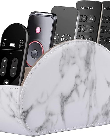 RHCSZ Leather Remote Control Holder with 5 Compartments TV Remote Caddy Store Box,Desktop Organizer for Controller, Glasses and Media Player,Pen Storage (White)