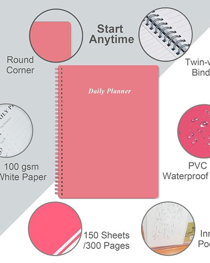 Daily Planner Undated - A4 To Do List Notebook Hourly Schedules, Spiral Appointment Planner for Women and Men,PVC Hardcover, Inner Pocket, Elastic Closure, 8.5" x 11", Pink