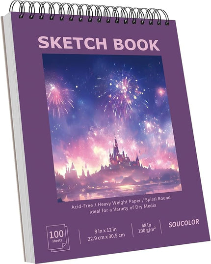 Soucolor 9"x12" Sketch Book for Women Sketch Book, 100 Sheets (68lb/100gsm) Drawing Paper, Art Supplies for Adults, 1-Pack