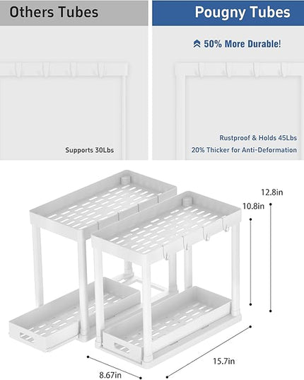 2PC Under Sink Organizer Rack 2 Tier Under Sliding Cabinet Basket Organizer Drawer with 4 Hooks, Multi-purpose Under Sink Storage for Bathroom Kitchen Desktop（White）