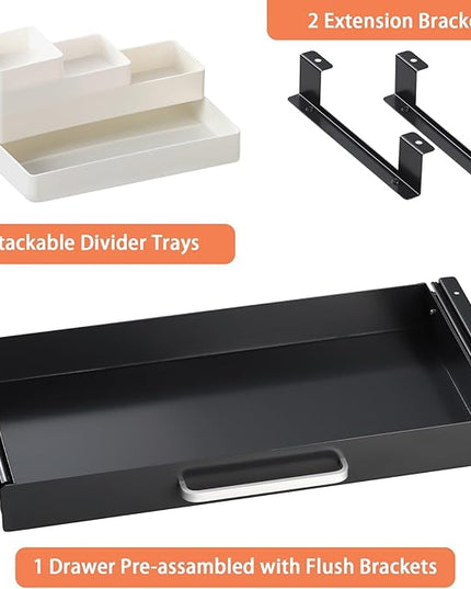 OSteed Under Desk Drawer Black 21" with 4 Divider Trays, Under Shelf Pencil Drawer Pull-out, Standing Desk Metal Storage Attachment Slide Out for Workbench