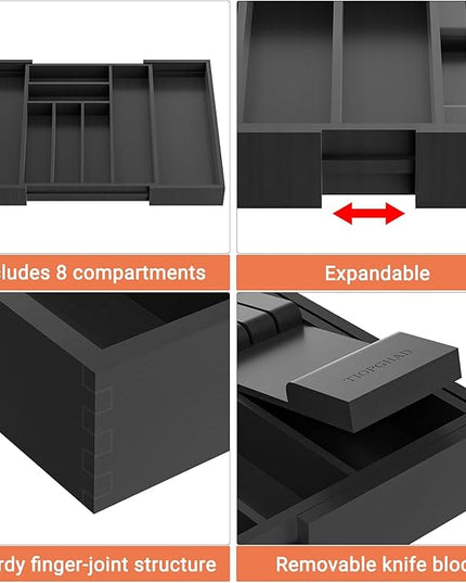 Bamboo-Silverware-Drawer-Organizer-Kitchen, Expandable Utensil Holder Cutlery Tray Flatware Organization Adjustable Wood Tableware Dividers Storage (with Removable Knife Block)(Black)