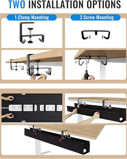 No Drill Cable Management Under Desk, 28" Cord Organizer for Table, Clamp/Screw Mount Cable Tray, Premium Black Fabric Desk Cord Management Tray for Office, Home (Regular (28 in))
