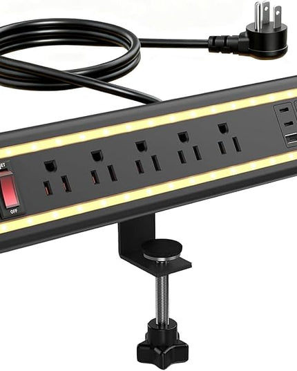 Desk Clamp Power Strip with Nightlight, 40W Fast Charging, 10FT Extension Cord, 4x20W USB-C & 2 USB Ports, 5 AC Outlets, Fits 1.69-Inch Table Edges