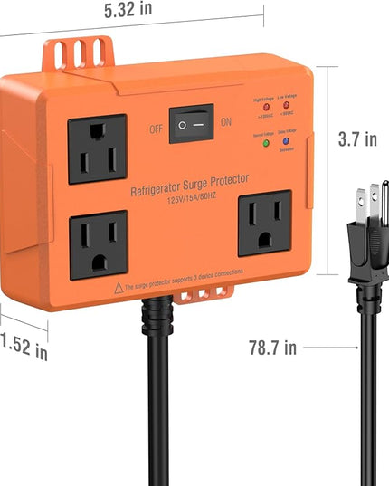 3 Outlet Refrigerator Surge Protector with Time Delay, Voltage Protector for Home Appliances, Protects Against Brownout, Spike, Instant Surge All Voltage Abnormalities, 14 AWG Power Cord (6FT)
