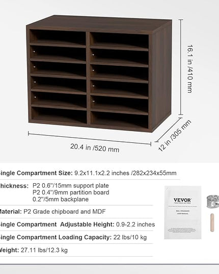 VEVOR Literature Organizers, 12 Compartments Office Mailbox with Adjustable Shelves, Wood Literature Sorter 20.4x12x16.1 inches for Office, Home, Classroom, Mailrooms Organization, EPA Certified Brown