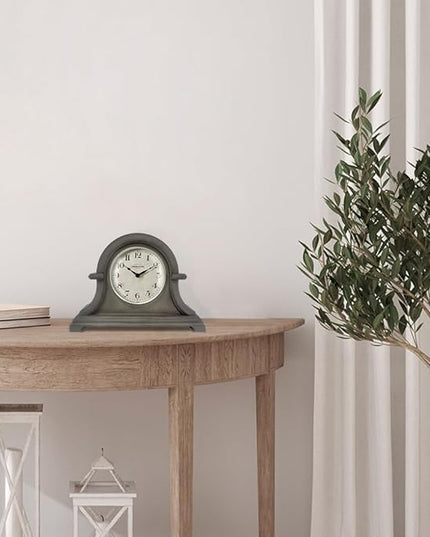 Presentime & Co. Mantel Clock Vintage Farmhouse Series, Napoleon Desk & Shelf Clock, 13 x 10 inch, Domed Lens, Quartz Movement, ABS Plastic Case, Gray Oak Finish (Home/Tabletop Decoration)