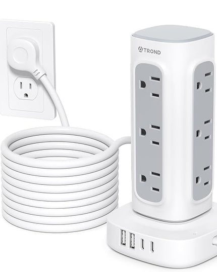 TROND Surge Protector Power Strip Tower - 15ft Flat Plug Extension Cord with Multiple Outlets, 4 USB Ports, Vertical Charging Station, 1700 J, Home Office Desk Supplies, Dorm Room Essentials, White