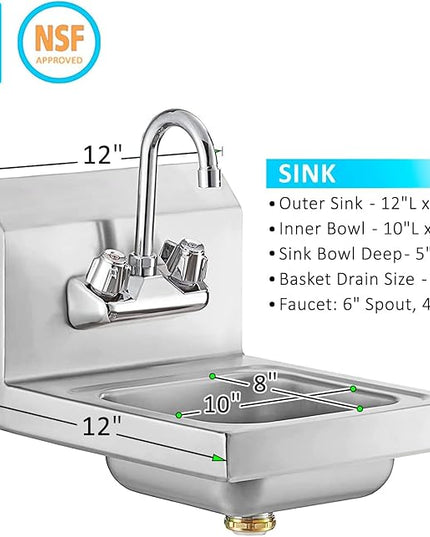 12" x 12" Stainless Steel Wall Mount Hand Sink with Gooseneck Faucet – NSF Certified | Compact Commercial Use