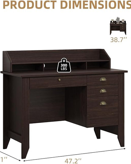 4 EVER WINNER Small Desk with Drawers, Office Desk with File Drawer and Monitor Stand, Writing Desk Study Table for Small Spaces, Espresso