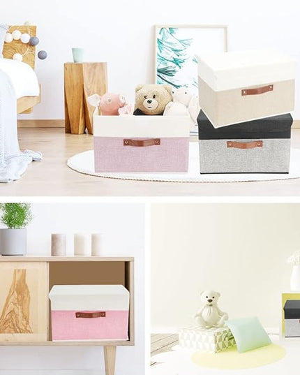 8 Pack Decorative Storage Bins Containers Fabric Bins with Lids Storage Baskets Bulk for Shelves Drawers, Desktop, Closet, Playroom, Classroom, Office, Bedroom, (15INx10INx10IN, Beige/White)