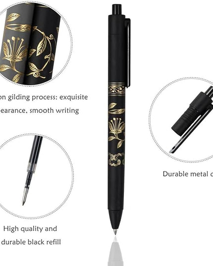 MiSiBao 0.7mm Black Ink Gel Pens Refillable & Retractable Gel Ink Rolling Ball Pens Gilding Process Pattern Smooth Writing Gel Pen (9-pack)