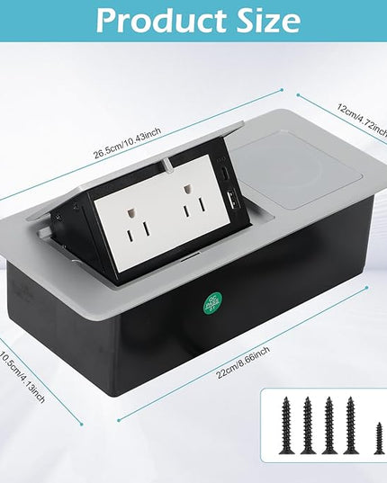 Pop Up Outlet with 15W Wireless Charger, Power Strip with 2 AC Outlets, USB A and USB C Charging Ports Recessed Multimedia Strip Socket Hidden Table Connection Box with Outlet (Sliver-F-Wireless)