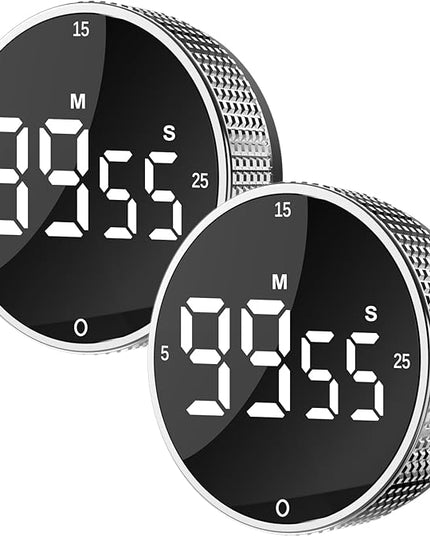 Upgrade Digital Kitchen Timer - Magnetic Countdown Countup Visual Pomodoro Timer with Large LED Display, 3-Preset Times (5, 15, 25), 3 Volume Levels, Ideal for Cooking, Baking and Fitness (2, Silver)