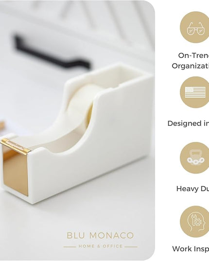 BLU MONACO White and Gold Tape Dispenser | Acrylic Desktop Tape Cutter with Smooth Blade & Weighted Non-Slip Base | Fits Standard & Large Rolls | Cute Desk Accessory for Office & Home