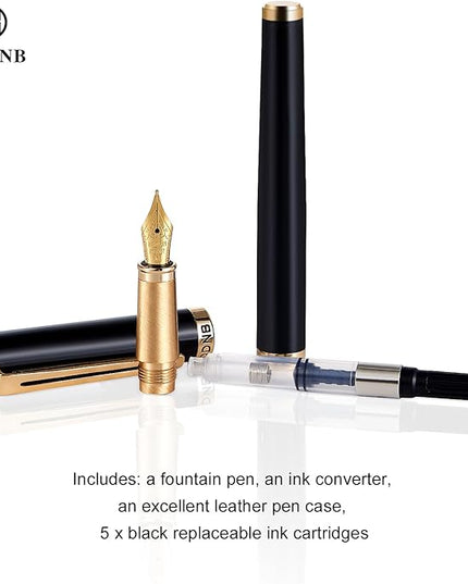HDDNB Black Luxury Fountain Pen Set for Men and Women with Gift Box, 24K Gold Finish and Gilded Nib(Extra Fine) with 5 Black Ink Cartridges and Converter