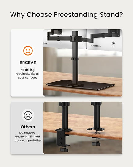 ErGear Freestanding Dual Monitor Stand for 17 to 32 Inch Screens, Computer Monitor Mount for 2 Screens, Dual Monitor Arm with Tempered Glass Base, VESA Mount Desk Stand Holds 22 lbs per Arm