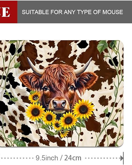 Western Highland Cow Sunflowers and Cowhide Brown Square Mouse pad, Texture, Waterproof, Anti Slip Rubber Base, Computer Mouse pad