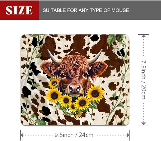 Western Highland Cow Sunflowers and Cowhide Brown Square Mouse pad, Texture, Waterproof, Anti Slip Rubber Base, Computer Mouse pad