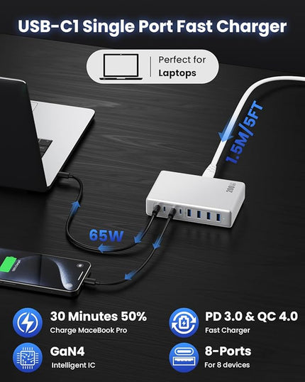 200W USB C Charger Block,GaN IV Charging Station 8 Ports,QC4.0 Fast Charging Station Hub+PD 65W USB C Laptop Charger Adapter Compatible with MacBook Air/Pro,DELL,iPhone 17/16/15,iPad,Steam Deck-White