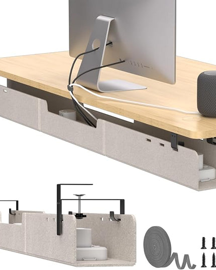 Under Desk Cable Management Tray,No-Drill Upgraded Thickened Felt Cord Organizer with Clamp or Screw Mount,Cable Holder for Standing Desk,Home Or Office(Beige, 47.2")