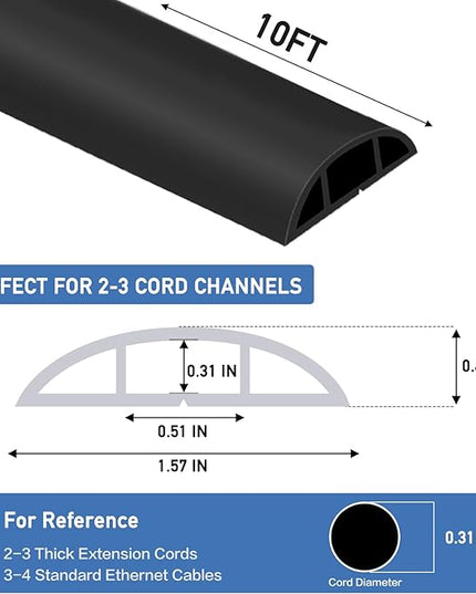 Floor Cord Cover Self Adhesive Cord Hider Floor Extension Cord Covers for Floor Power Cord Protector Cable Management Prevent Cable Trips Cable Cavity 0.51" W x 0.31" H (Black, 10Ft)