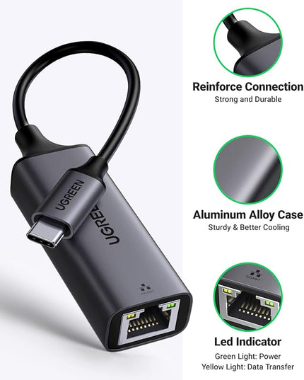 UGREEN USB C to Ethernet Adapter, 1000Mbps, RJ45, Driver-Free, Compatible with Windows, MacOS, iPadOS, ChromeOS, Android, Laptop, Tablet, Smartphone