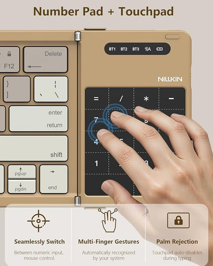 Nillkin Foldable Bluetooth Keyboard with Touchpad & Number Pad, Portable Bluetooth Keyboard with Full Size Keys, Pocket-Sized Wireless Travel Keyboards for iPad, Smartphone, Tablet and Laptop Khaki