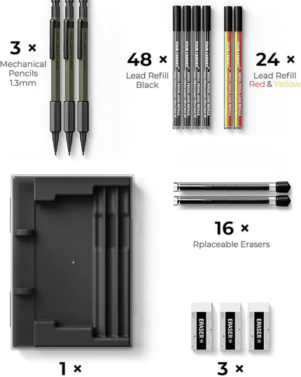 Four Candies 1.3mm Mechanical Pencil Set with 72 Lead Refill, 3PCS Metal Weatherproof Body Heavy Duty Carpenter Pencil, 3 Eraser, 16 Eraser Refill, for Outdoor Woodworking Drafting Marking with Case